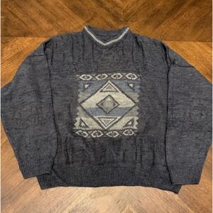 Vintage St Bernard Mens XL Geometric Southwestern Knit Sweater Charcoal Grey